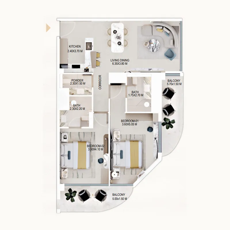 2 bedrooms floor plan