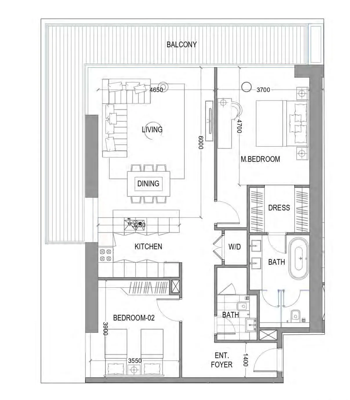 2 bedrooms floor plan