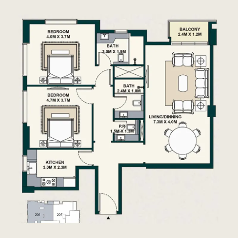 2 bedrooms floor plan