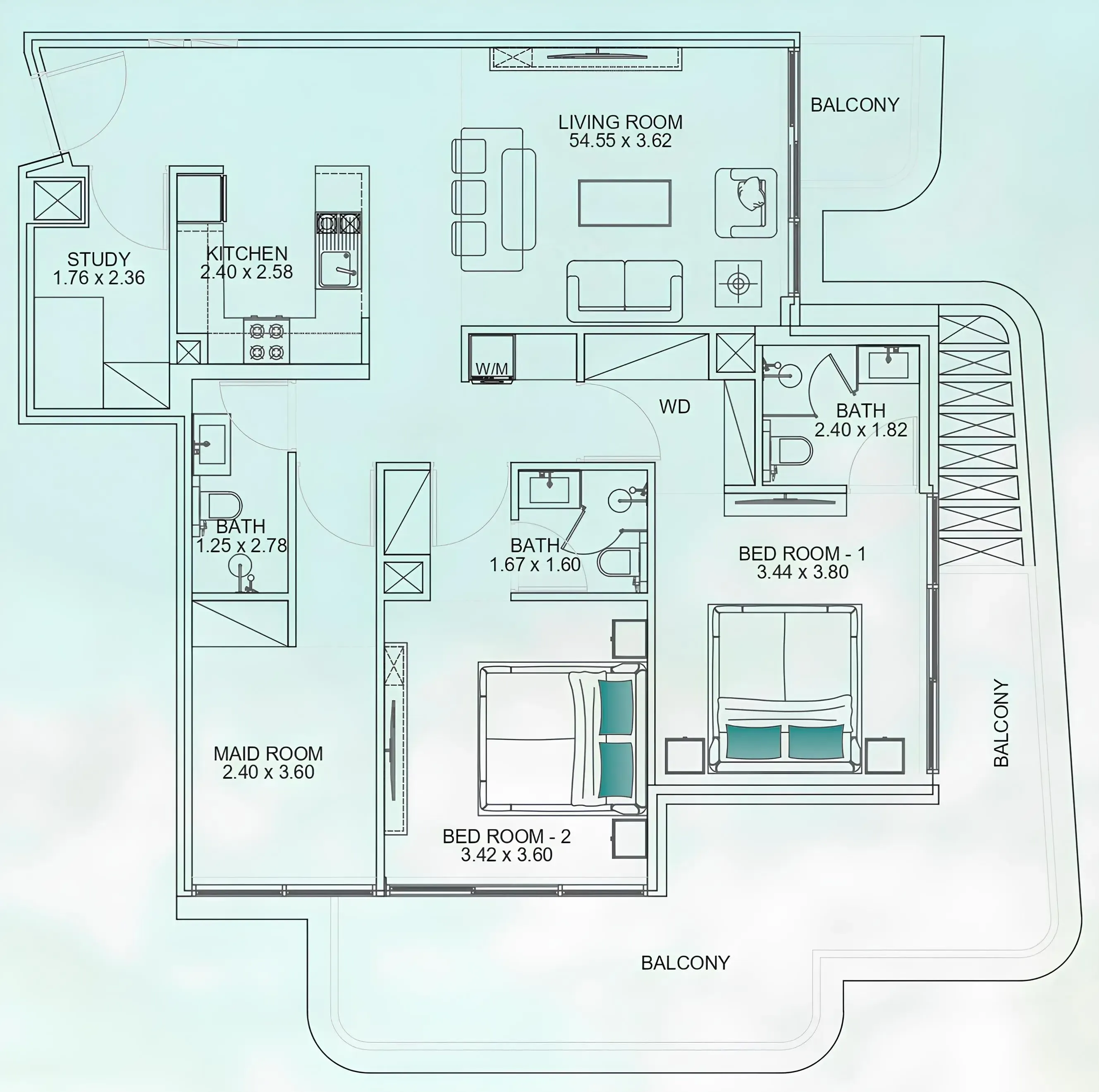 2 bedrooms floor plan