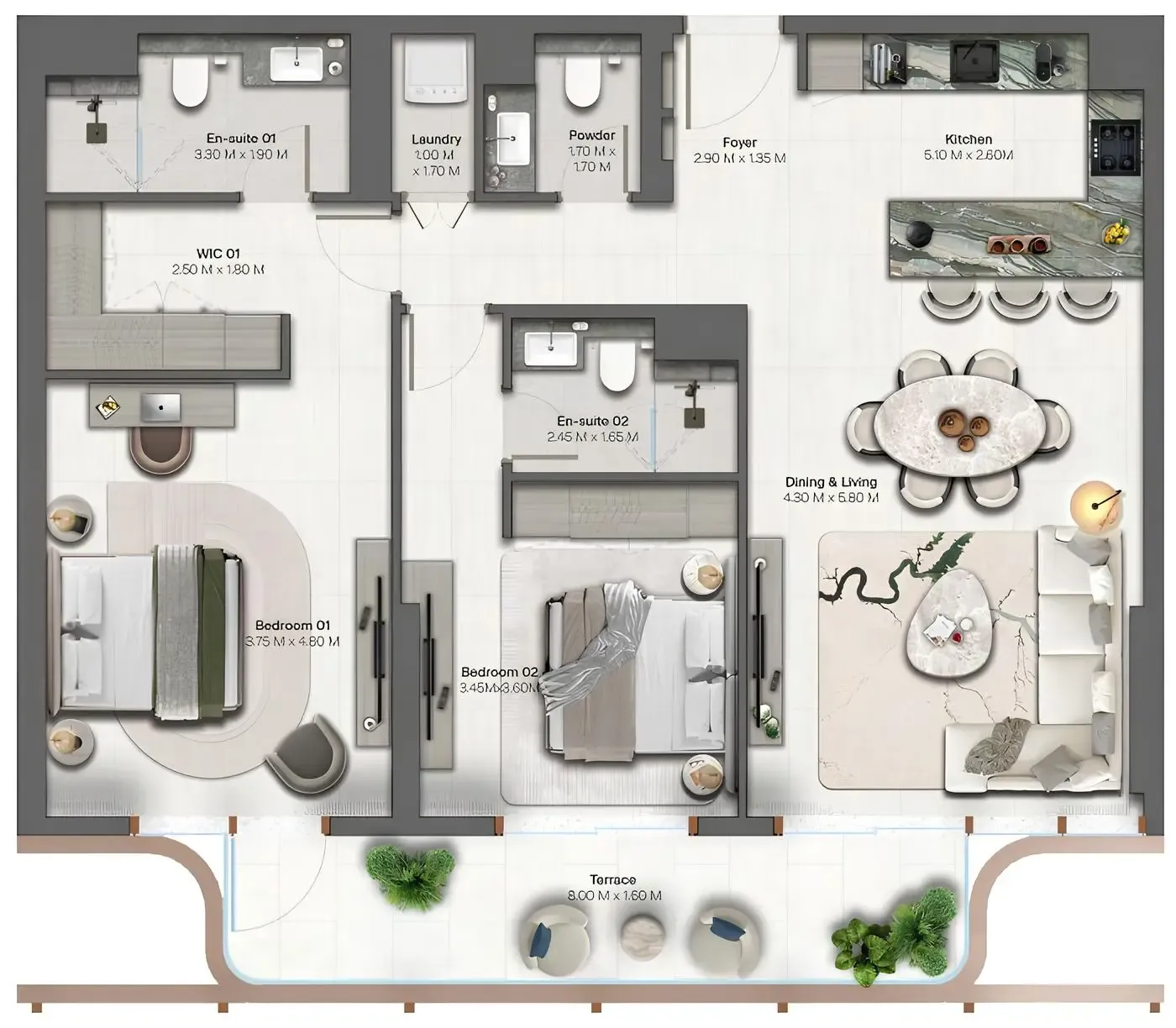 2 bedrooms floor plan