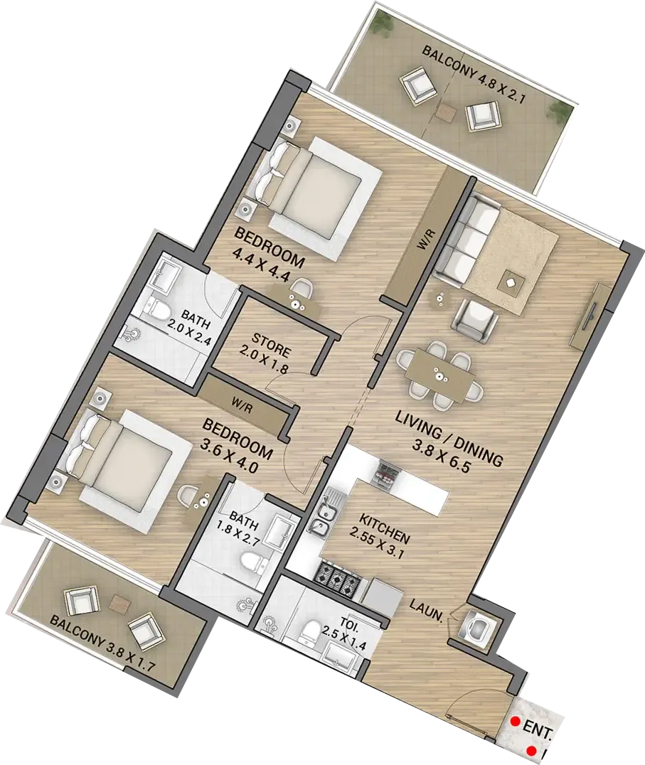 2 bedrooms floor plan