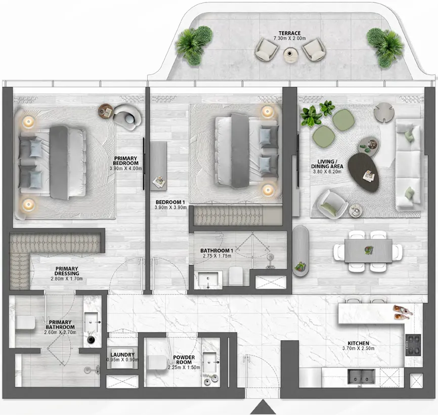 2 bedrooms floor plan