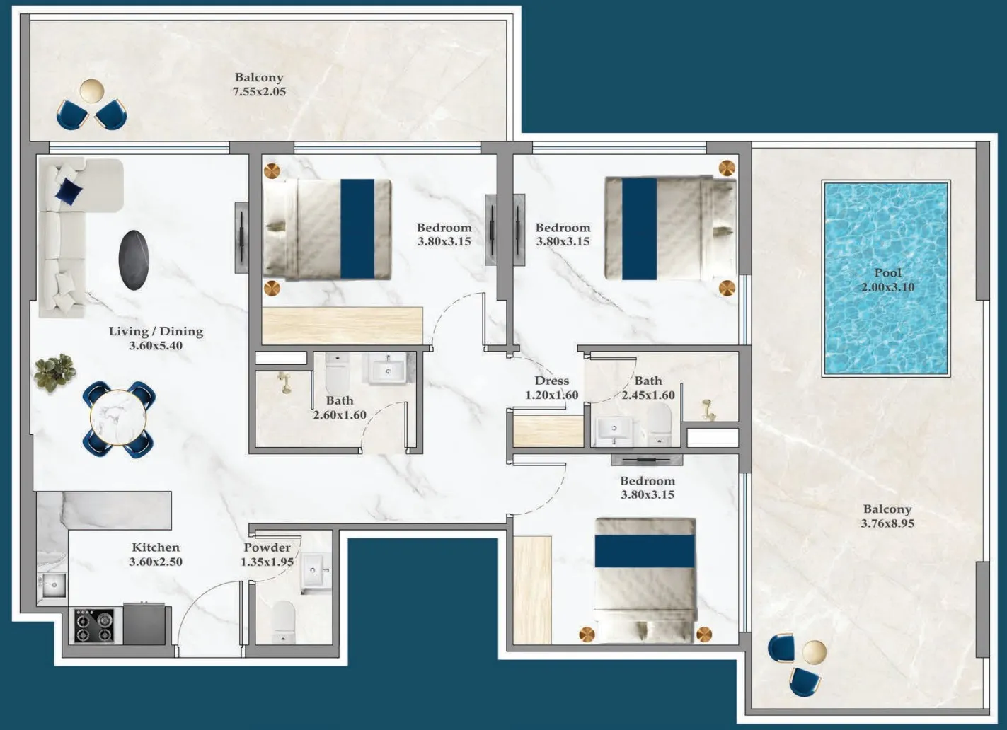 3 bedrooms floor plan