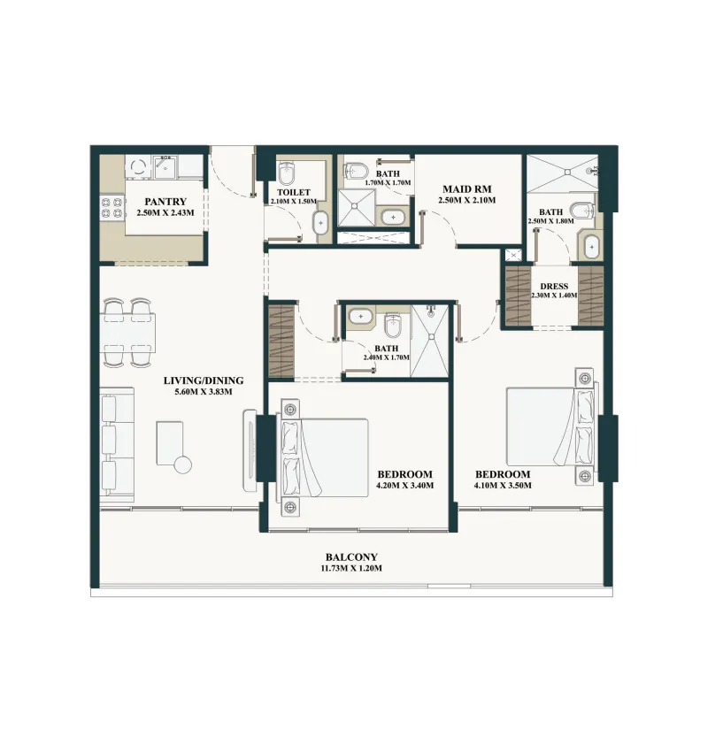 2 bedrooms floor plan
