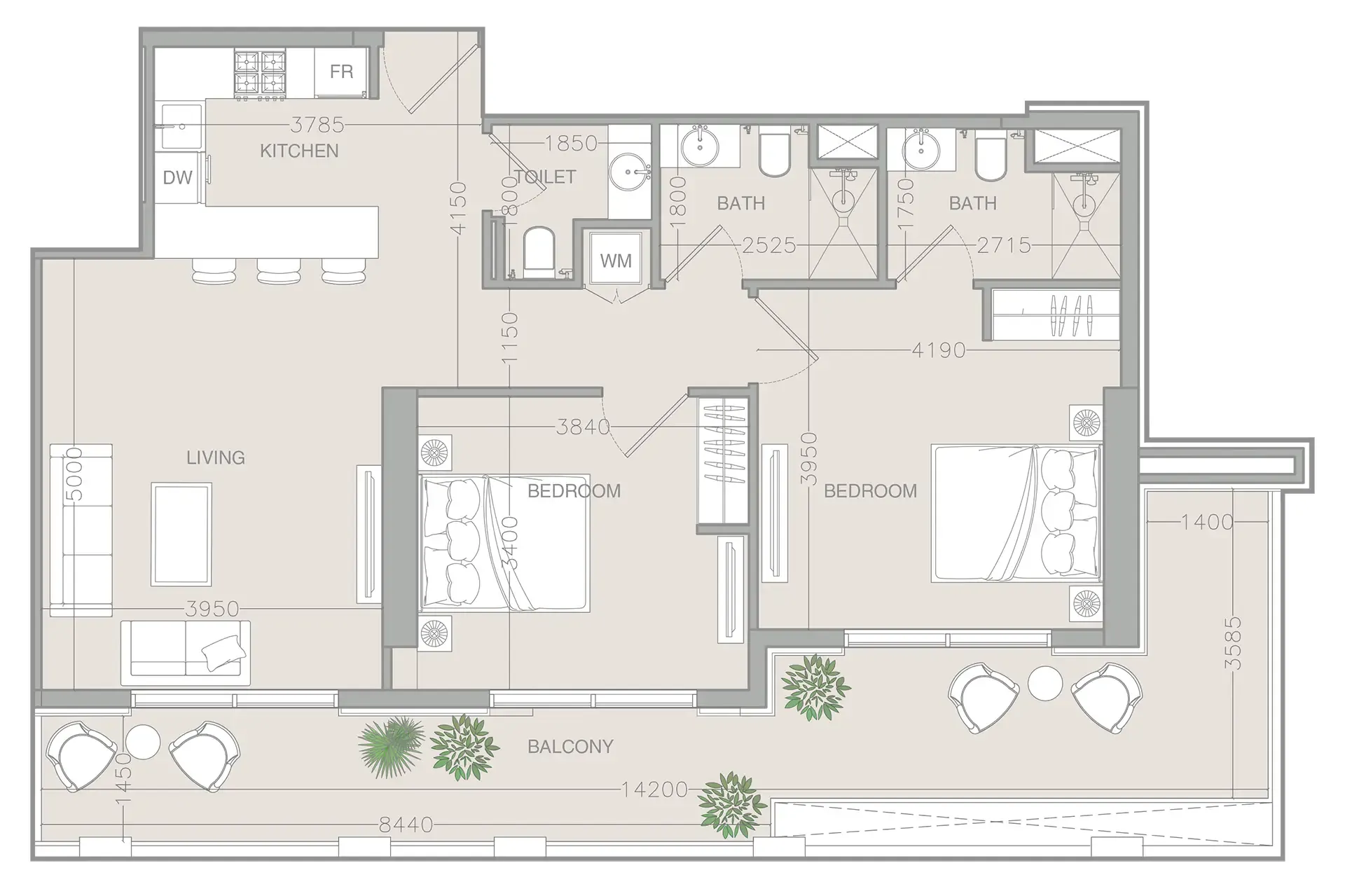 2 bedrooms floor plan