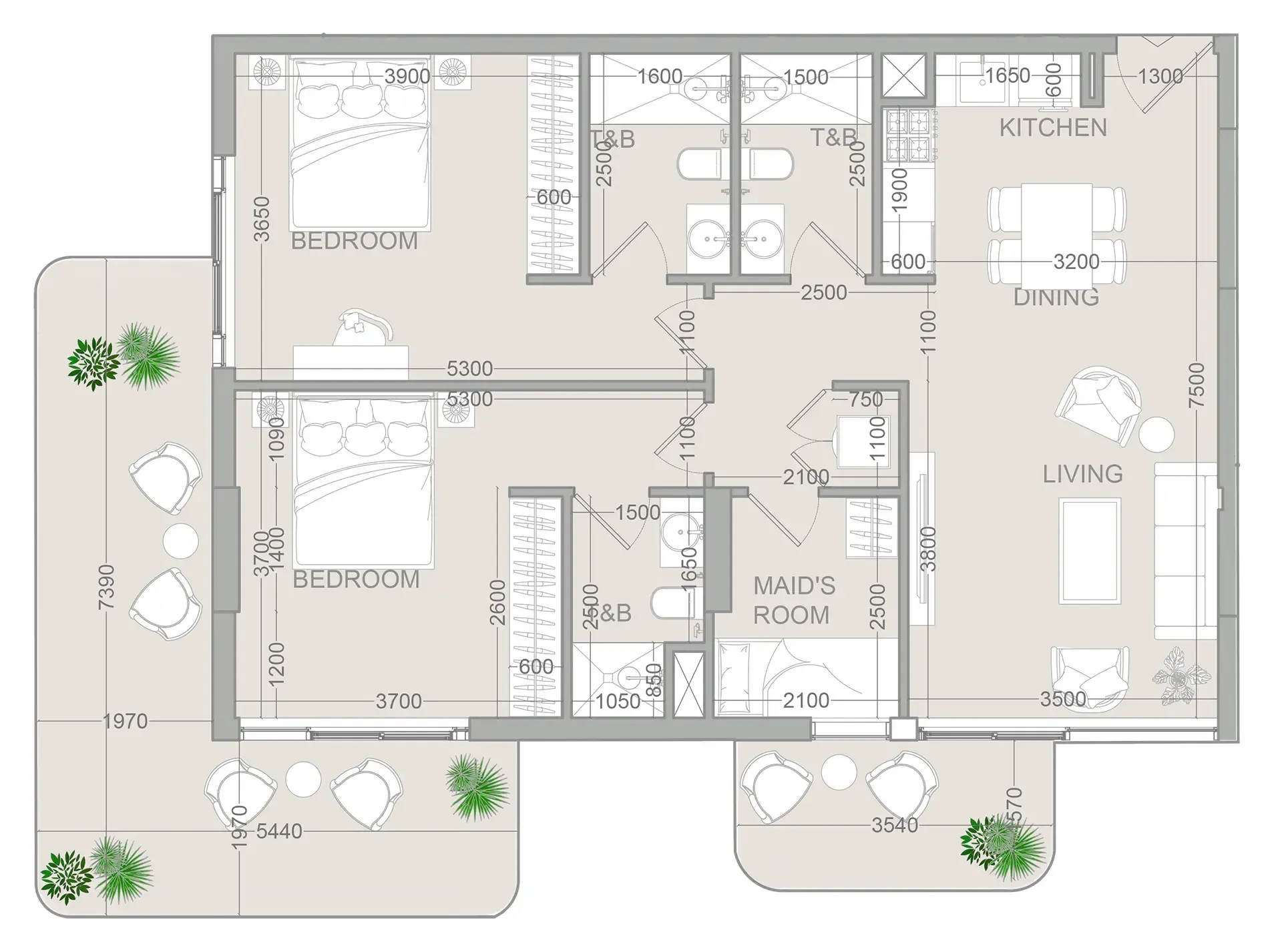 2 bedrooms floor plan