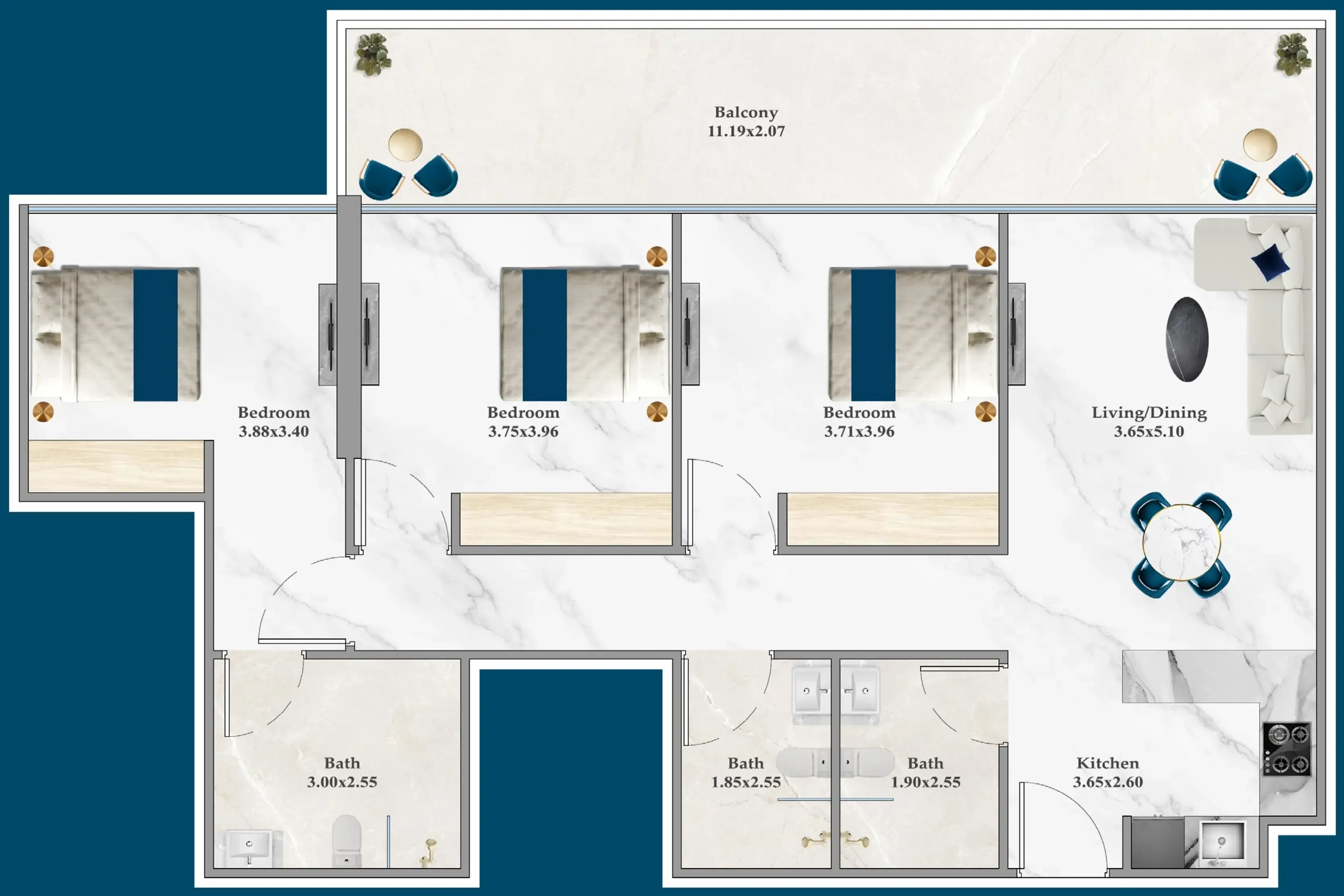 3 bedrooms floor plan