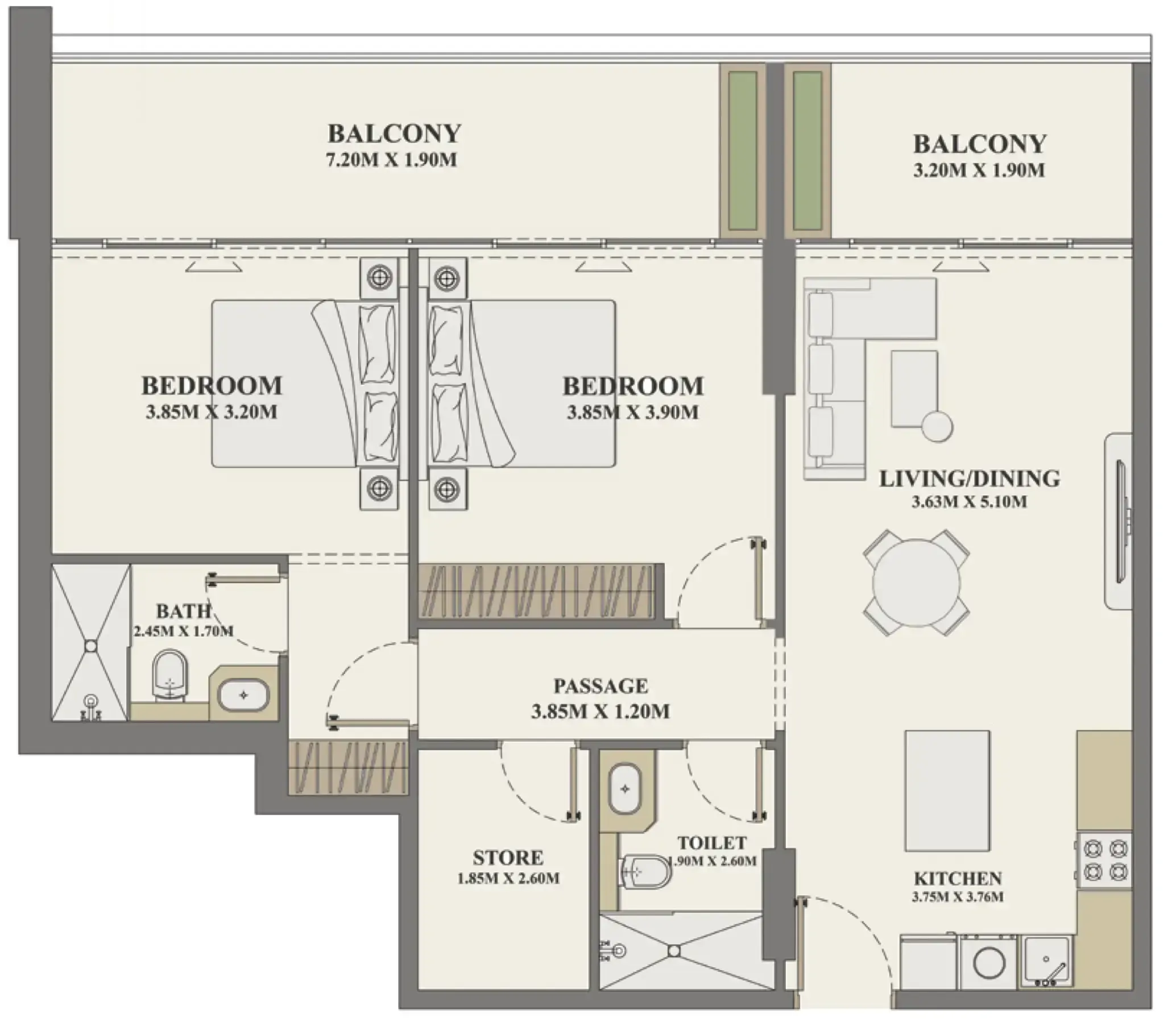 2 bedrooms floor plan