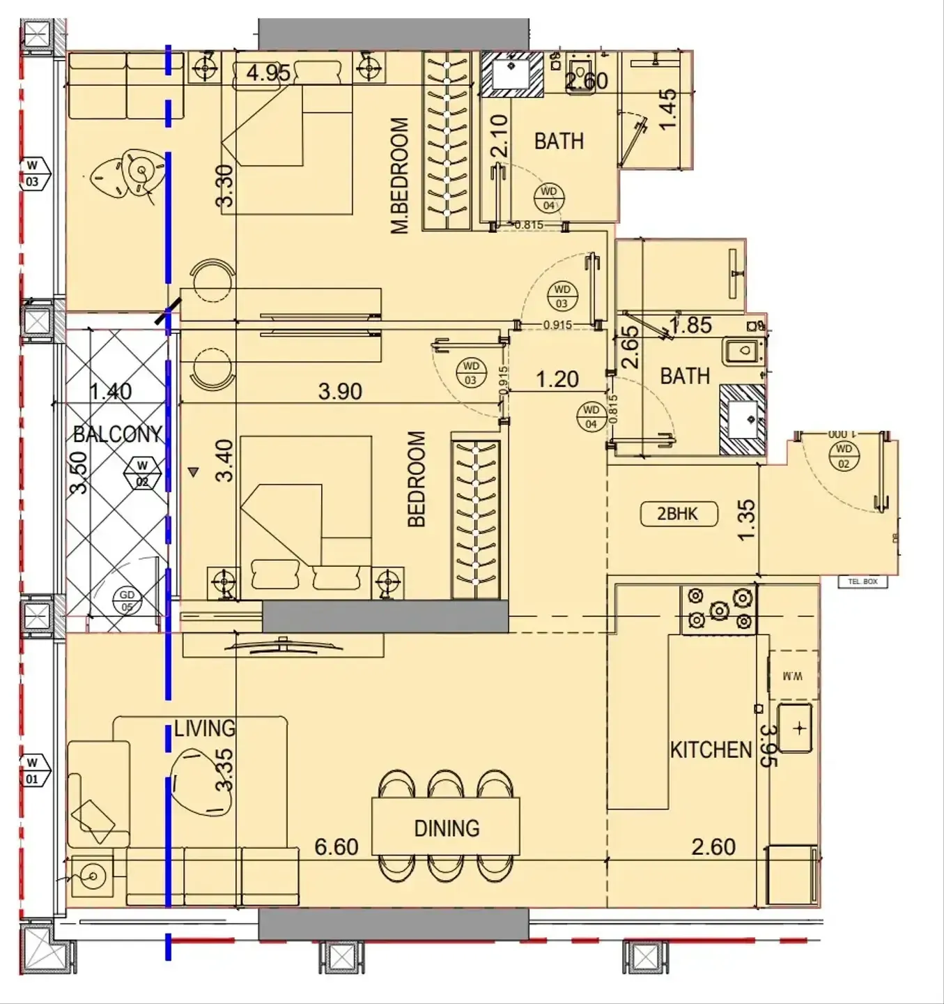 2 bedrooms floor plan
