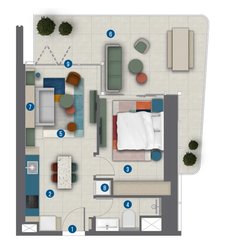 Irth Development Rove Home Marasi Drive 1BR floor plan