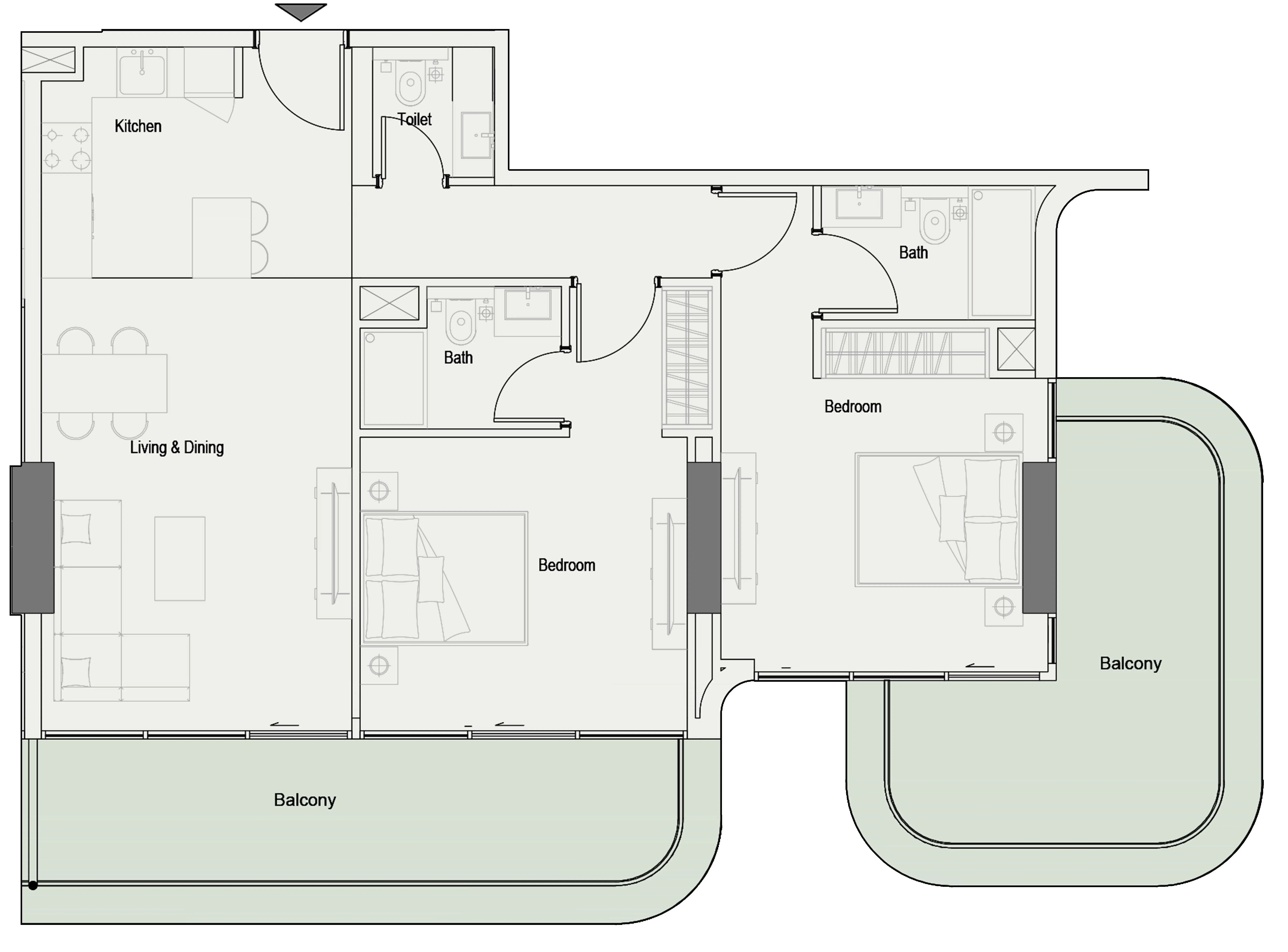 2 bedrooms floor plan