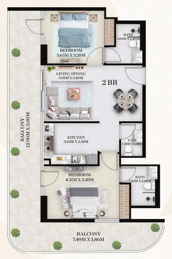 2 bedrooms floor plan