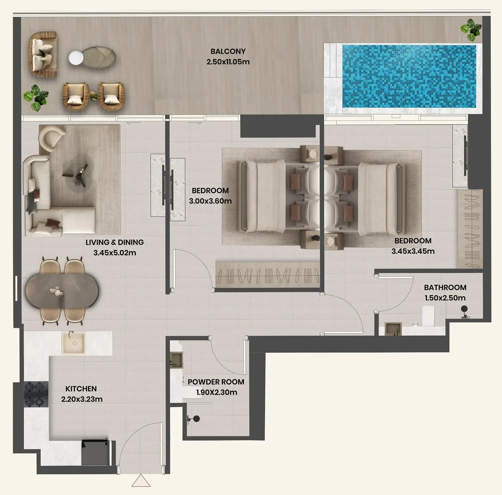 2 bedrooms floor plan