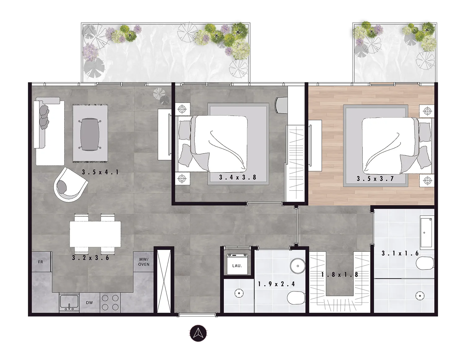 2 bedrooms floor plan