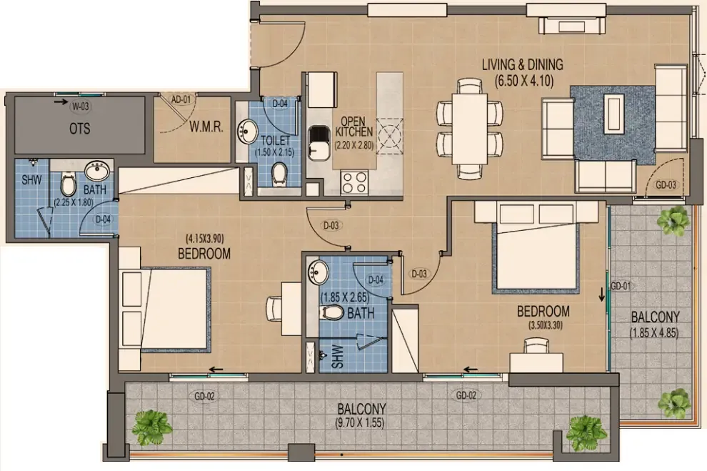 2 bedrooms floor plan