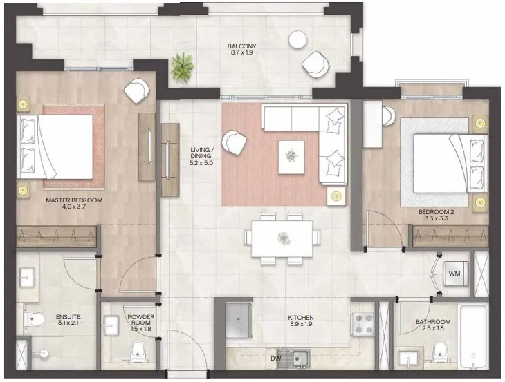 2 bedrooms floor plan