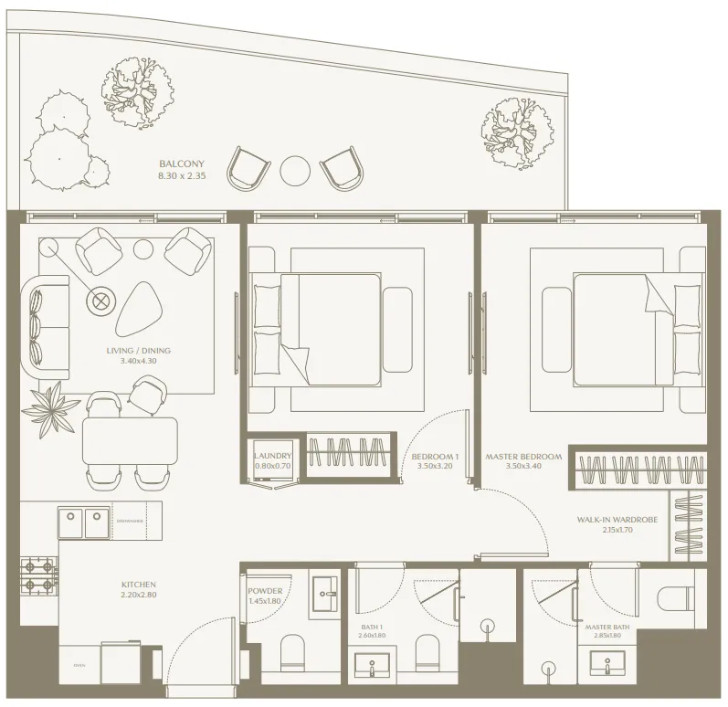 2 bedrooms floor plan