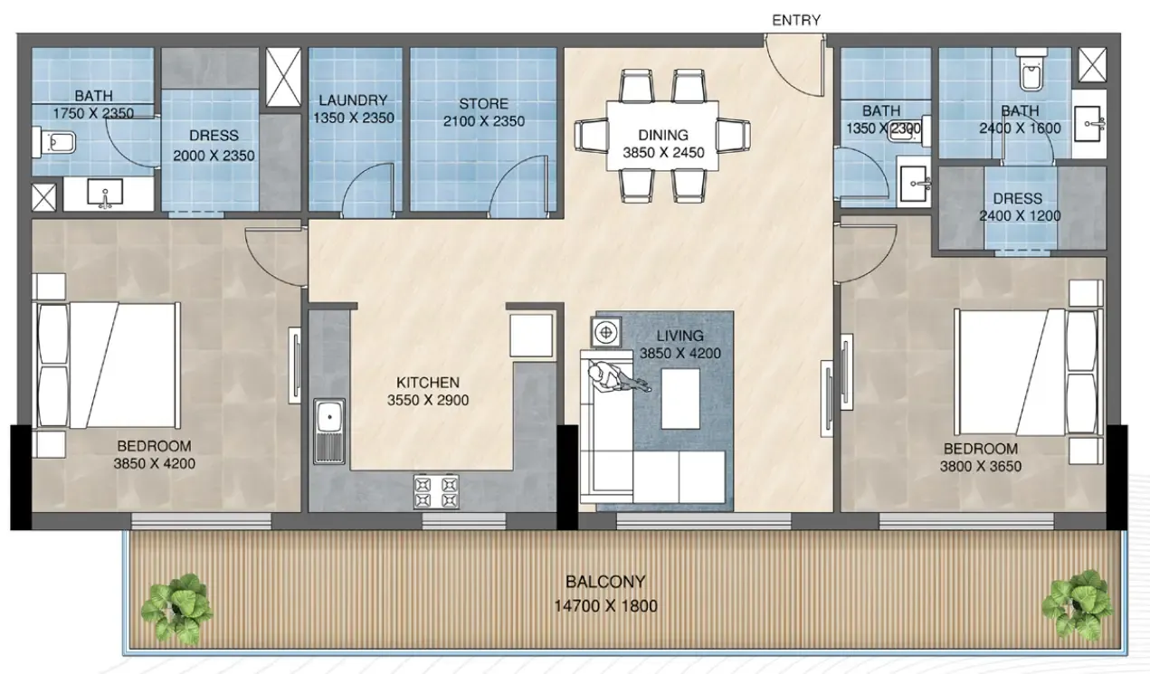 2 bed