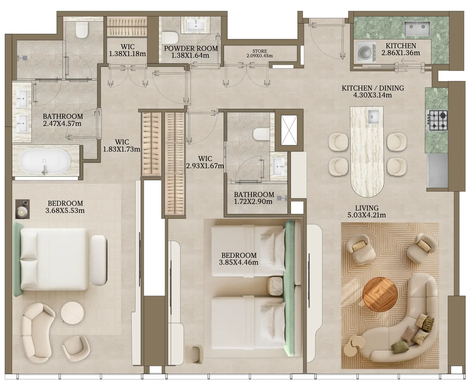 2 bedrooms floor plan