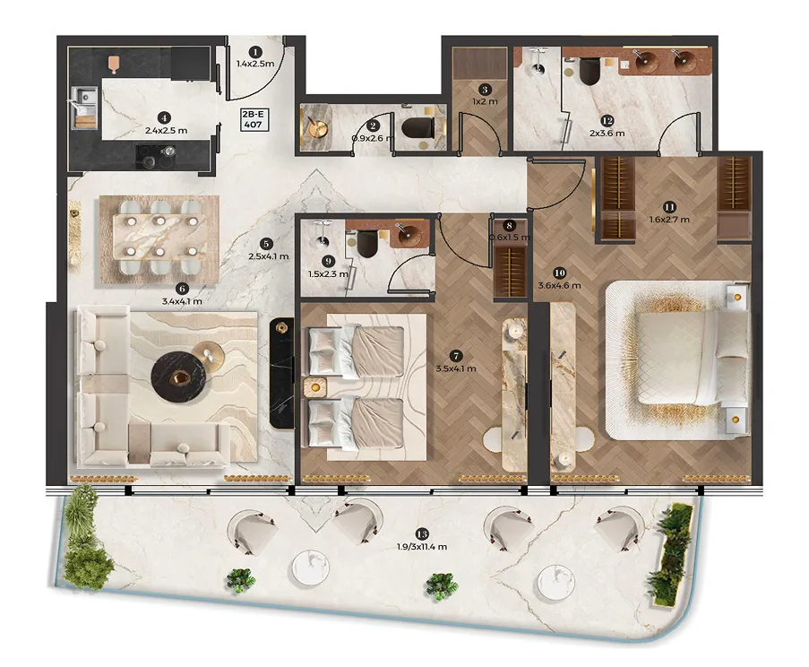 2 bedrooms floor plan