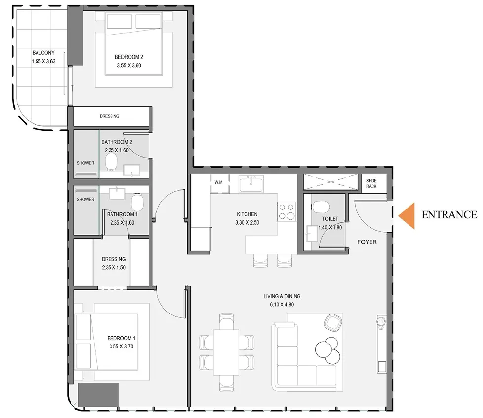 2 bedrooms floor plan