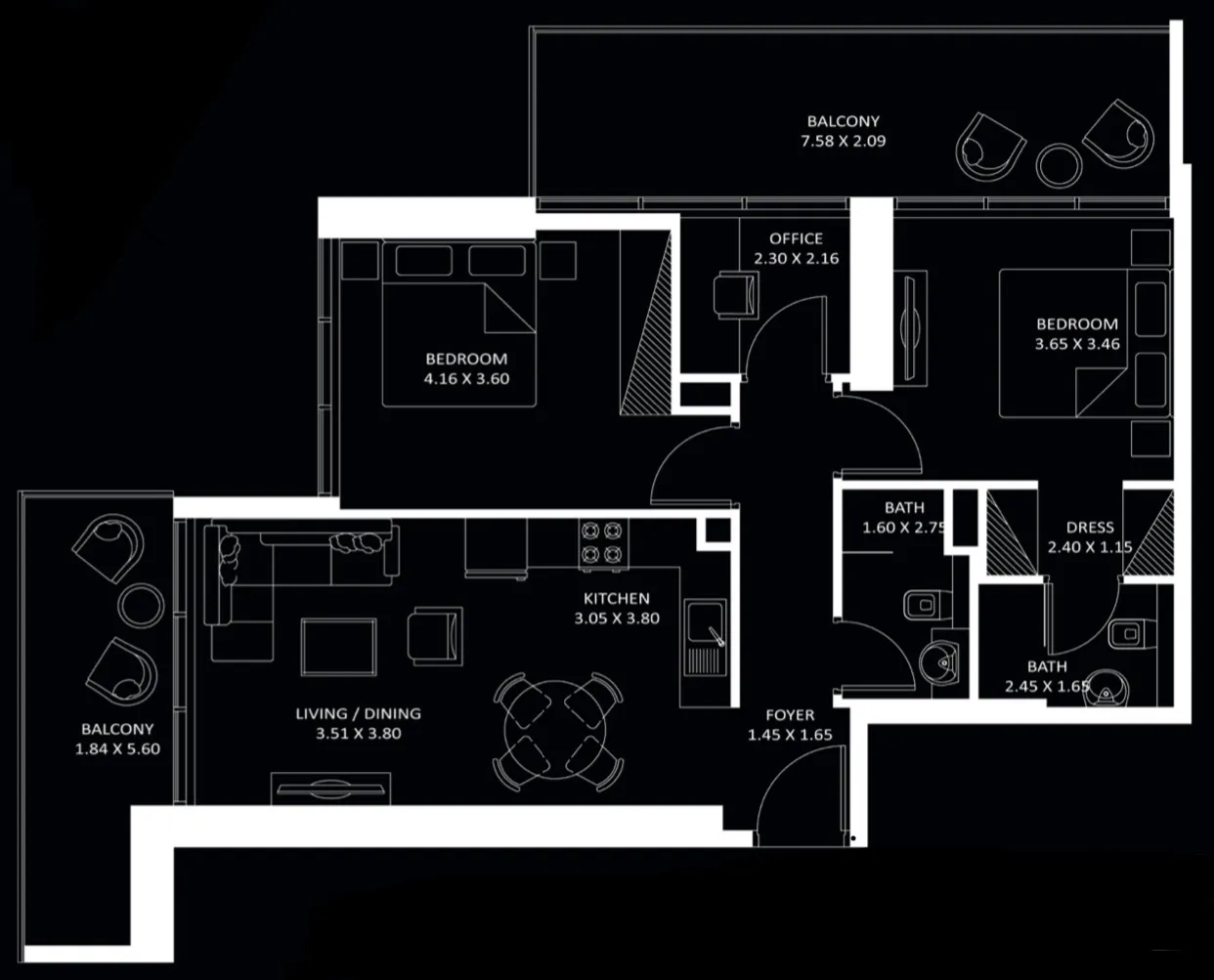 2 bedrooms floor plan