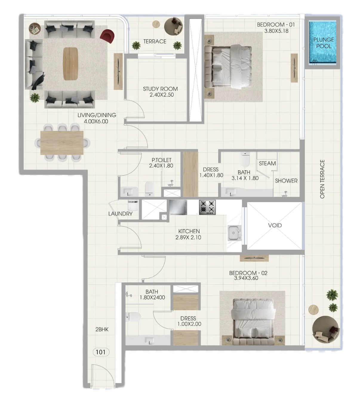 2 bedrooms floor plan