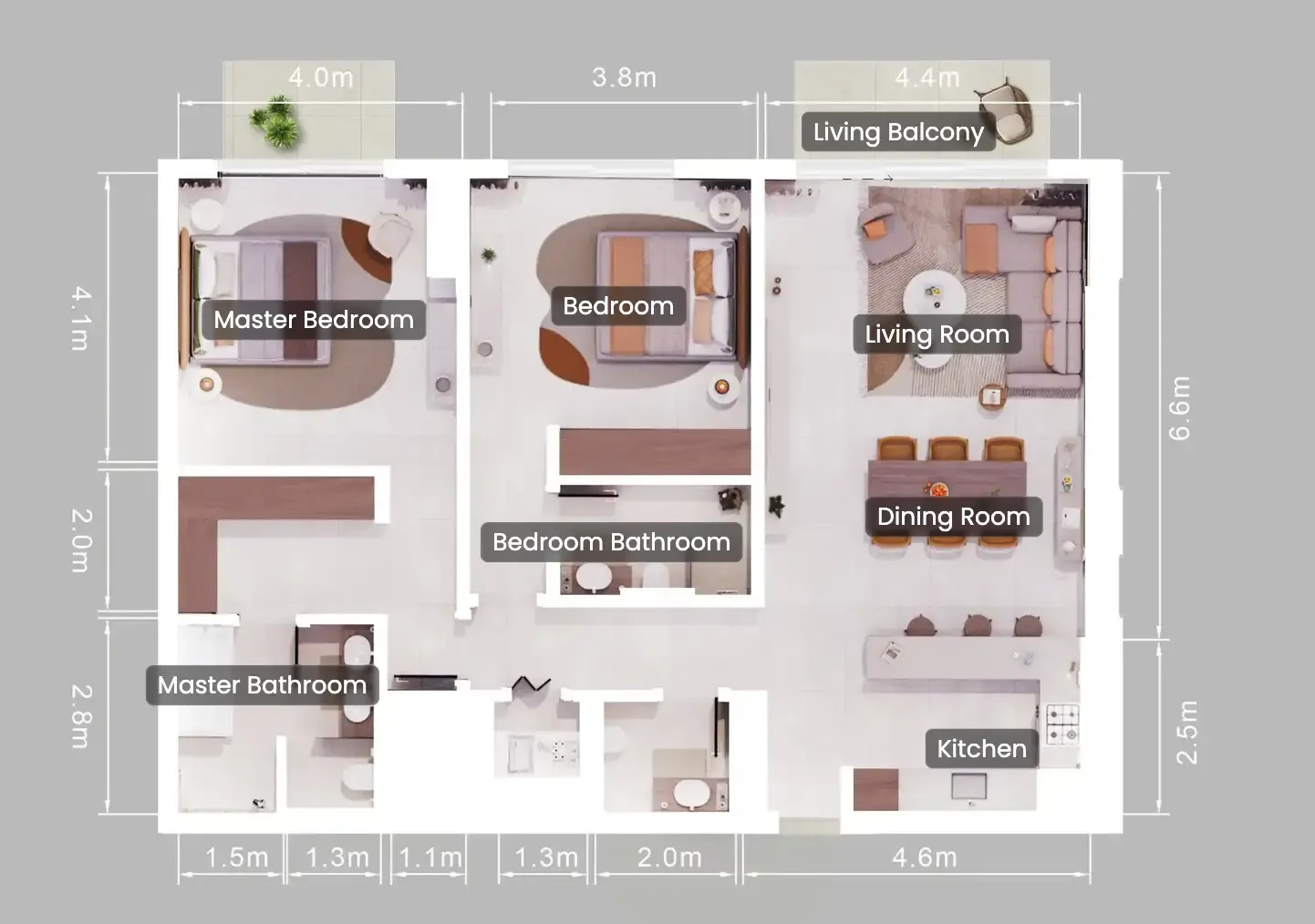 2 bedrooms floor plan