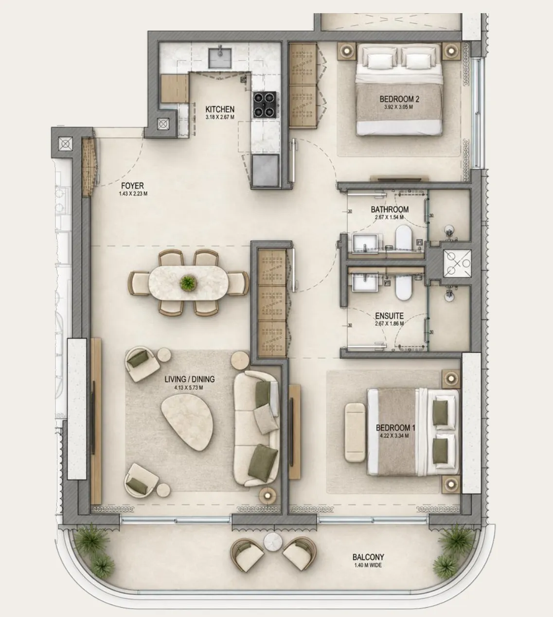 2 bedrooms floor plan