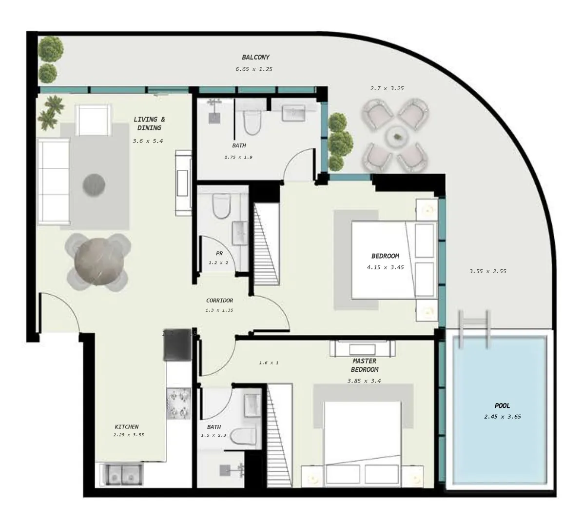 2 bedrooms floor plan