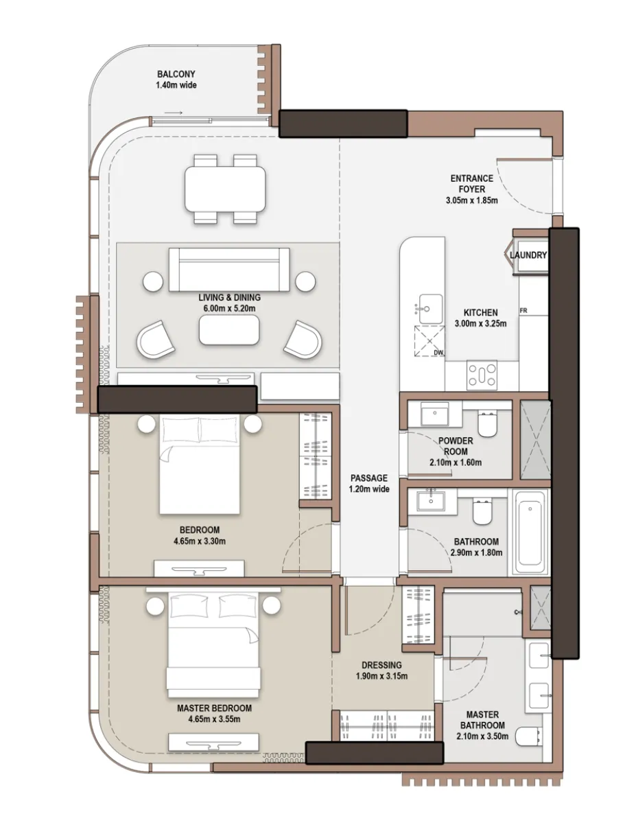 2 bedrooms floor plan