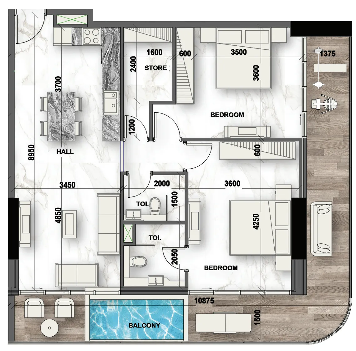 2 bedrooms floor plan