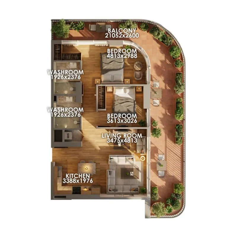 2 bedrooms floor plan