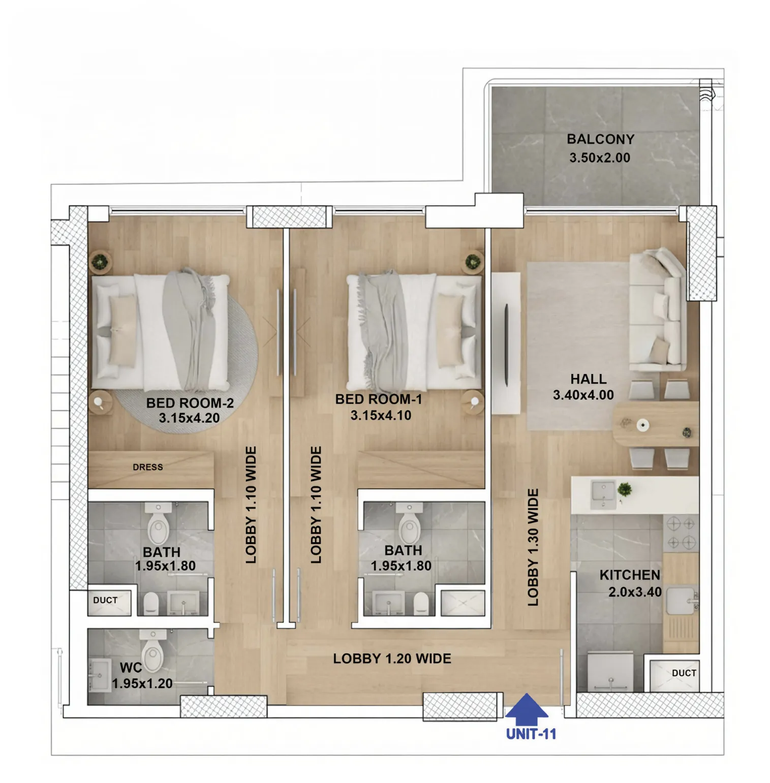 2 bedrooms floor plan