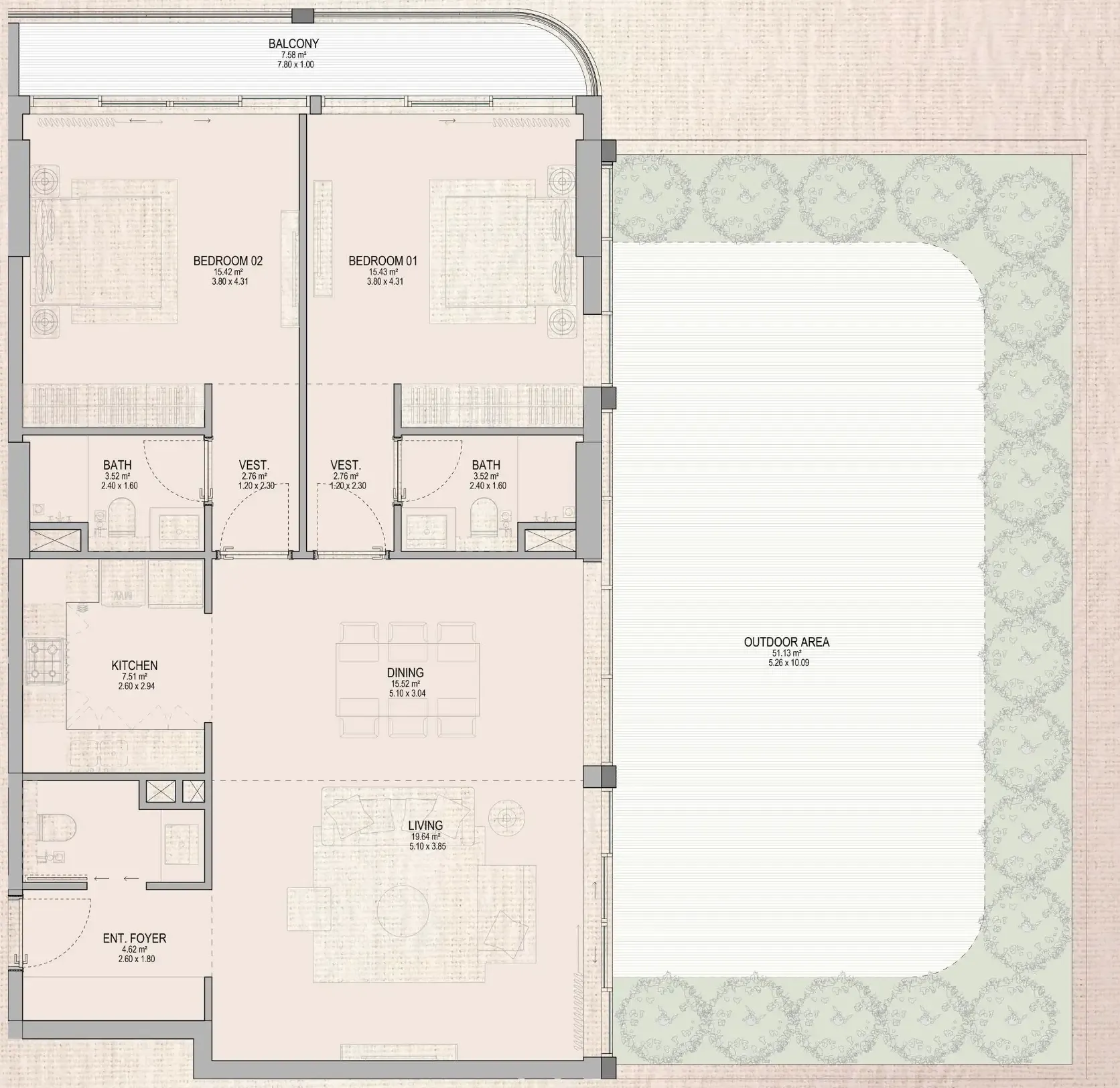 2 bedrooms floor plan
