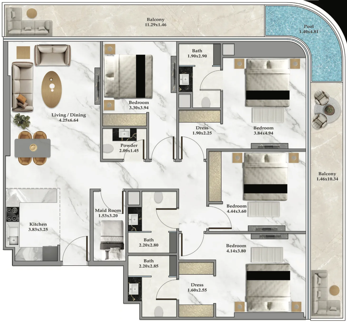 Danube Bayz 102 4BR floor plan