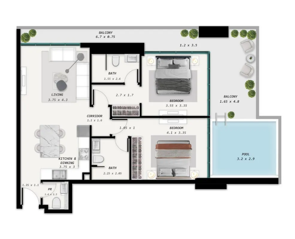 2 bedrooms floor plan