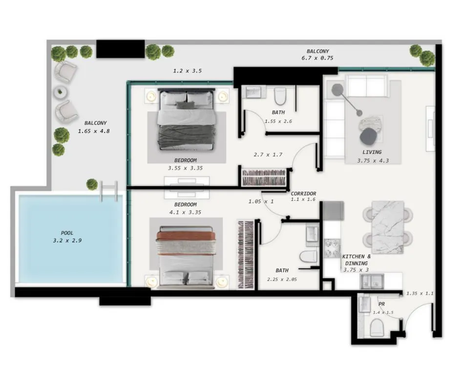 2 bed