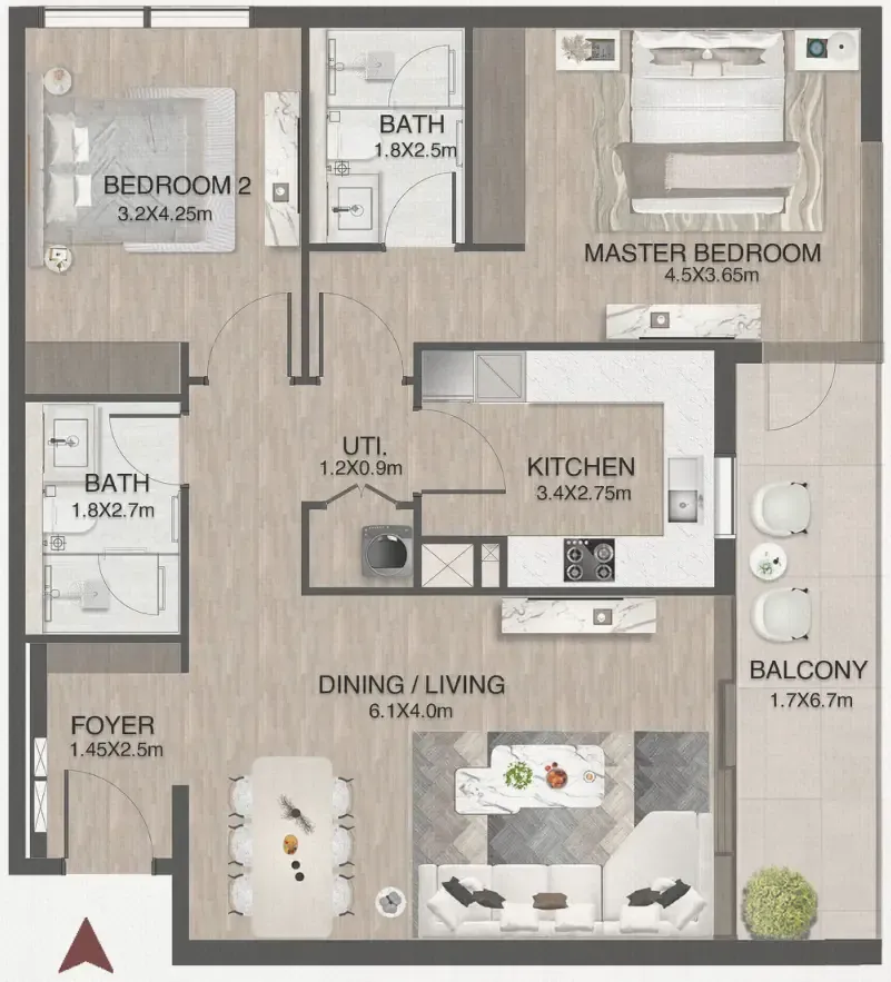 2 bedrooms floor plan