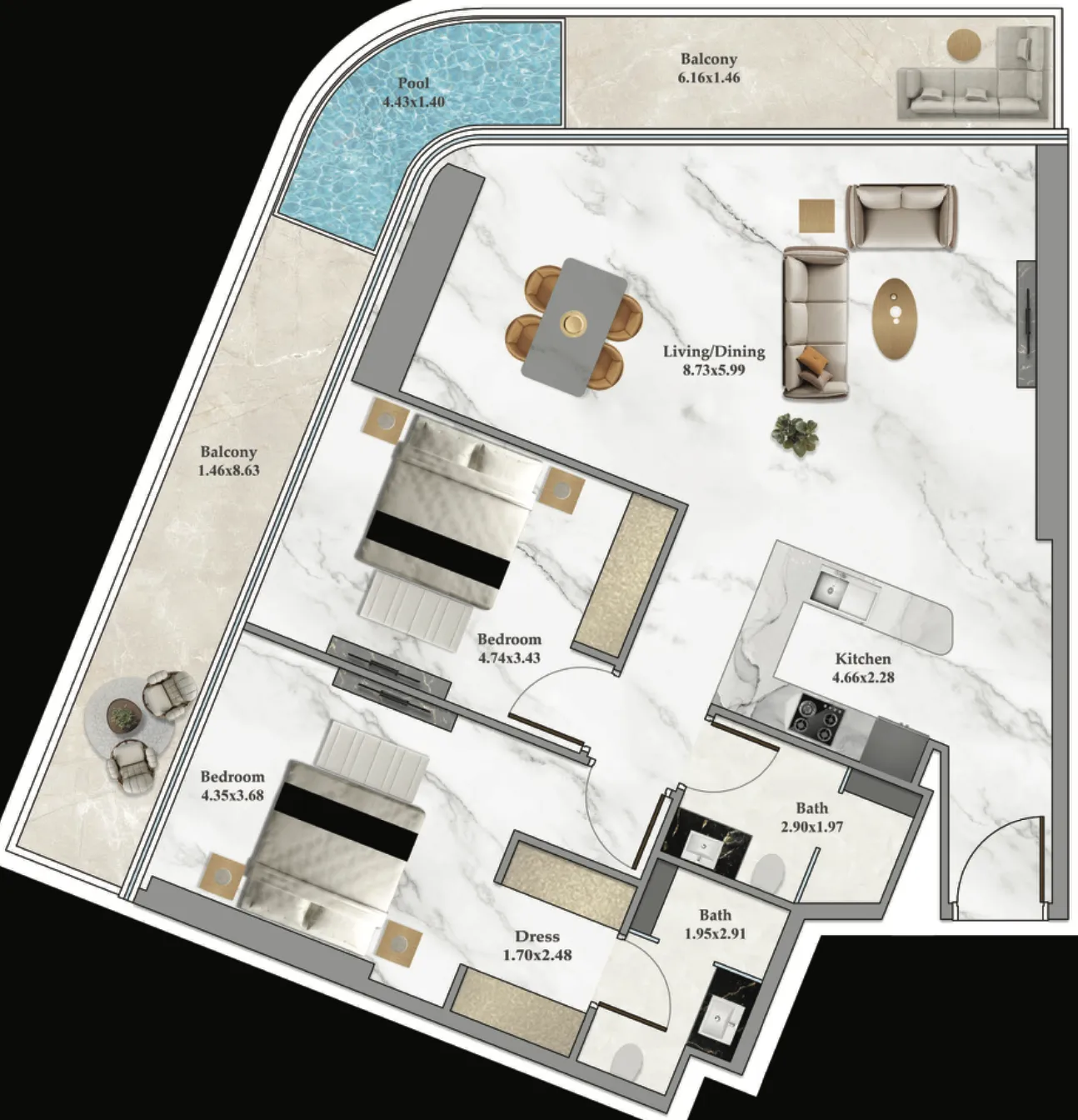 Danube Bayz 102 2BR floor plan