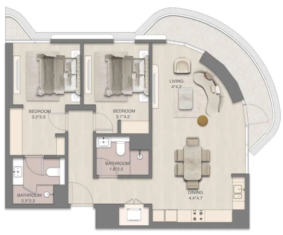 2 bedrooms floor plan