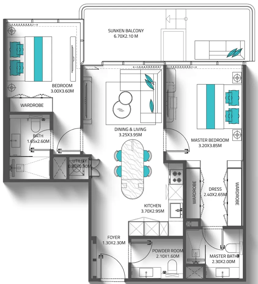 2 bedrooms floor plan