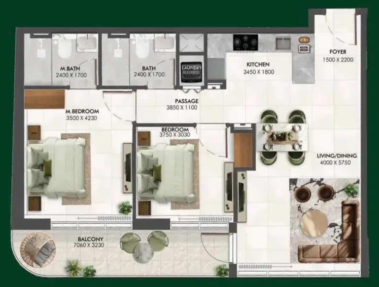 2 bedrooms floor plan