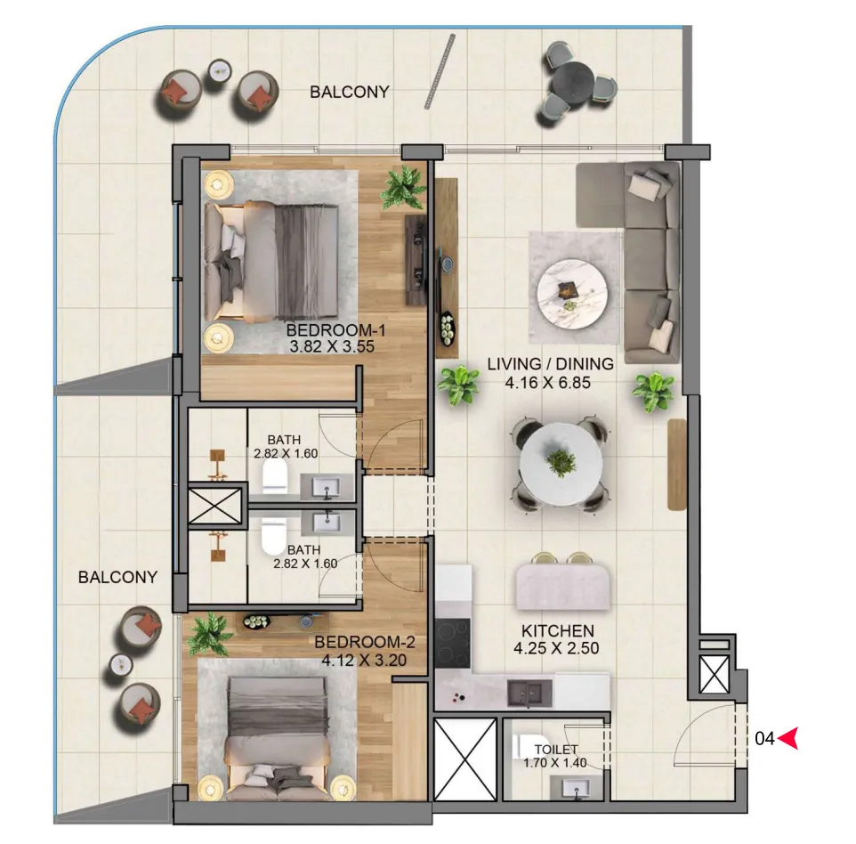 2 bedrooms floor plan