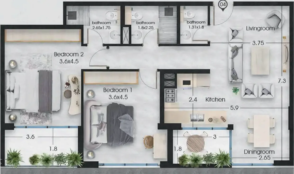 2 bedrooms floor plan