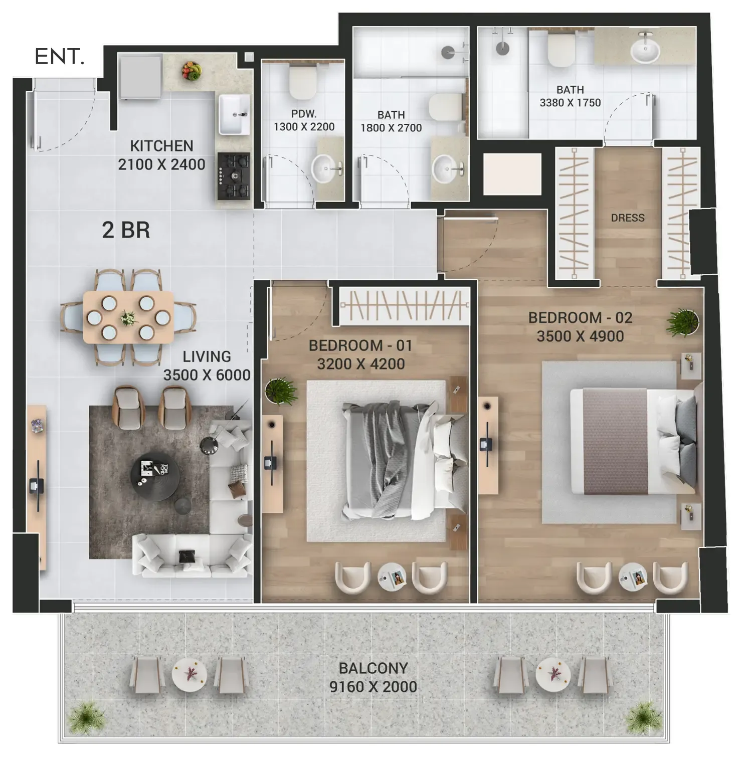 2 bedrooms floor plan