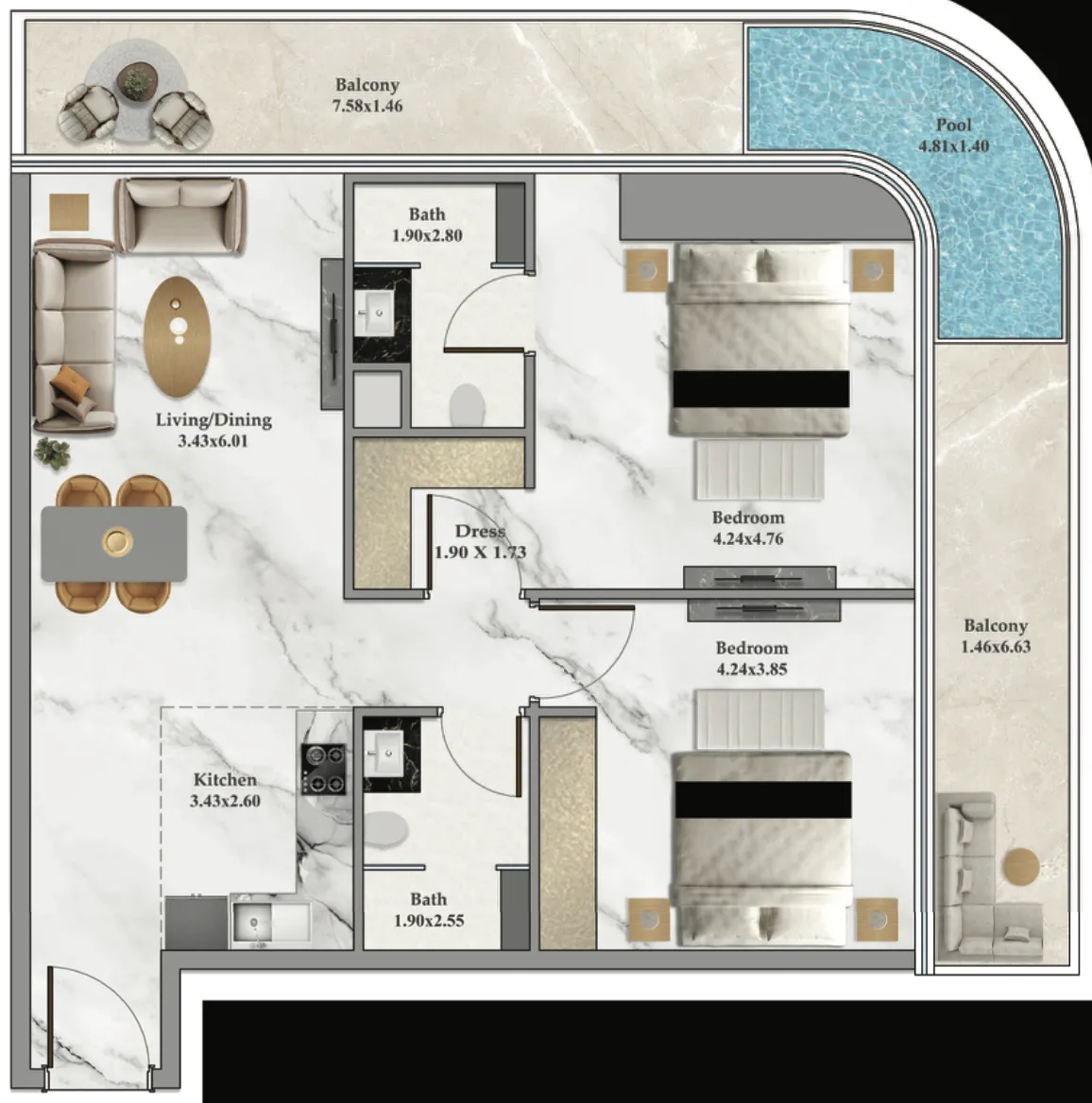 Danube Bayz 102 2BR floor plan
