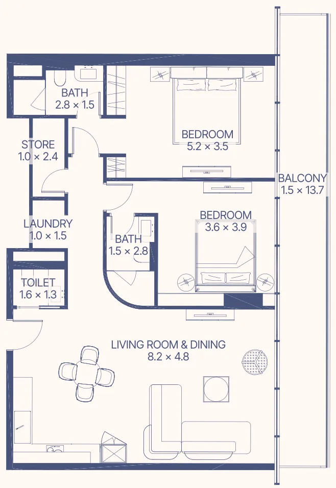 2 bedrooms floor plan