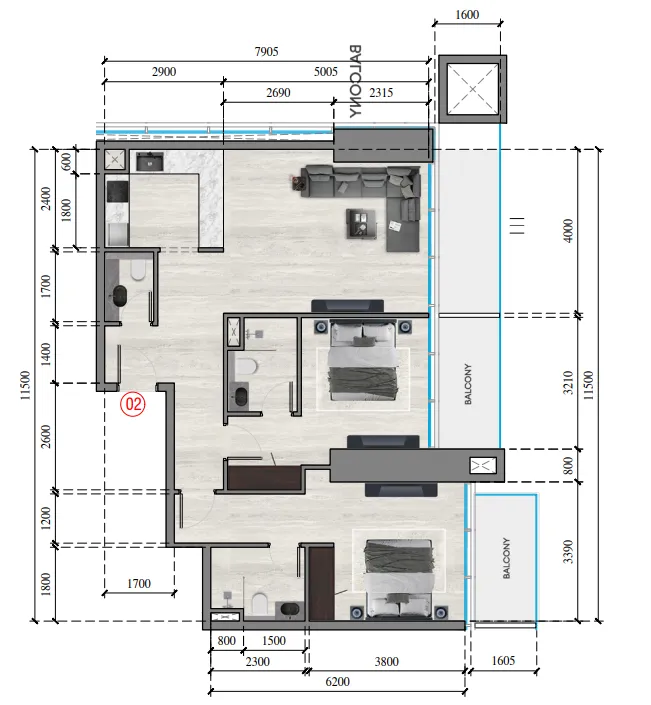2 bedrooms floor plan